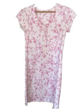 Laura Ashley Women's Pink Floral Toile Nightgown Button Front Sleep Dress Small